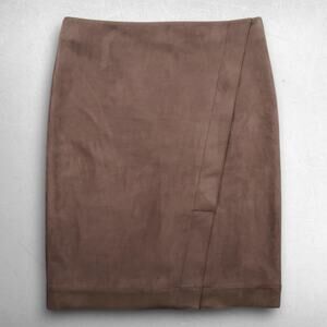 ANN TAYLOR Faux Suede Skirt Women 14 Brown Wrap Style Lined Back Zip Front Slit